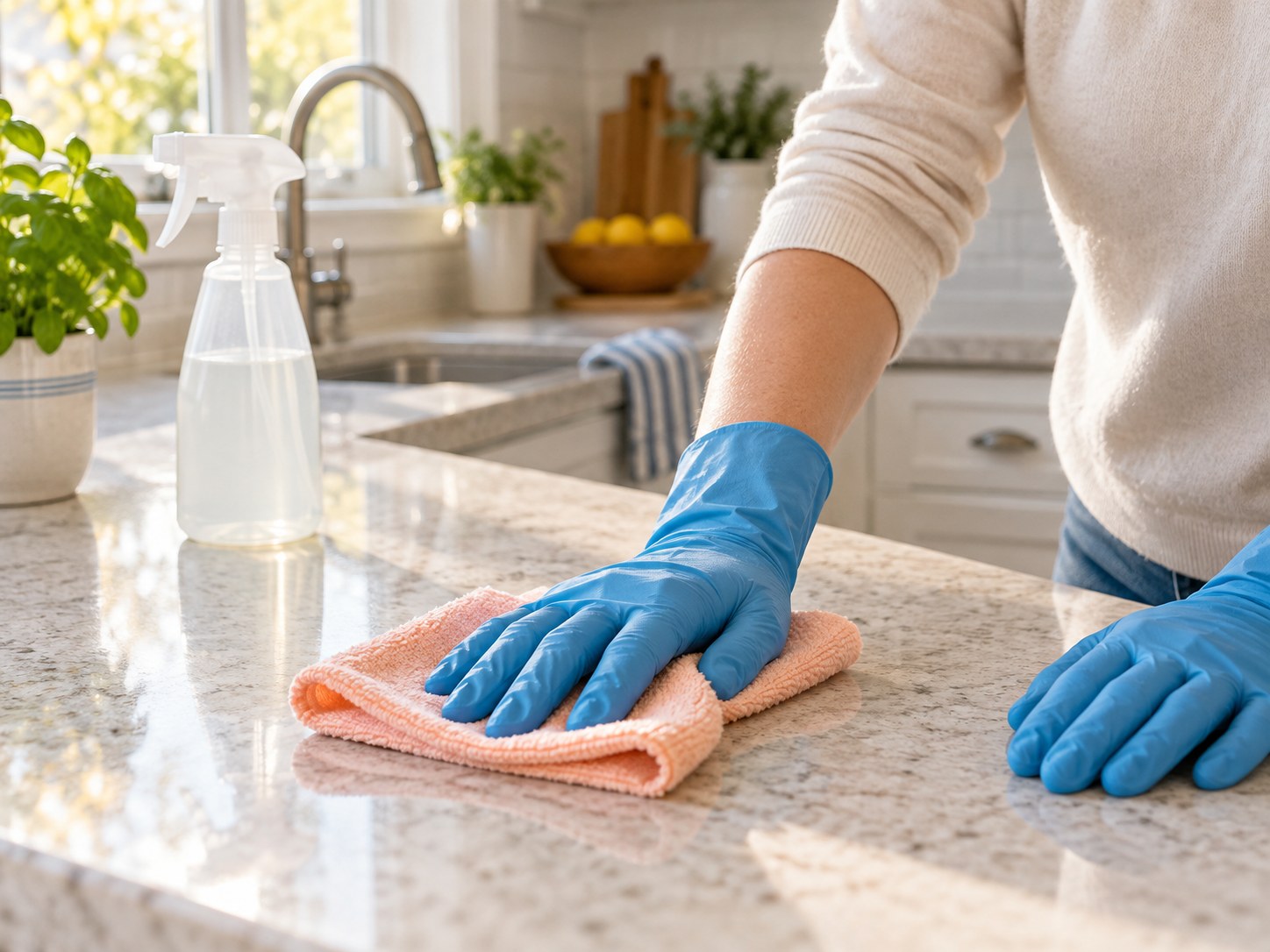 A cleaner's gloved hands wiping a home countertop with a peach cloth; illustrative image.
