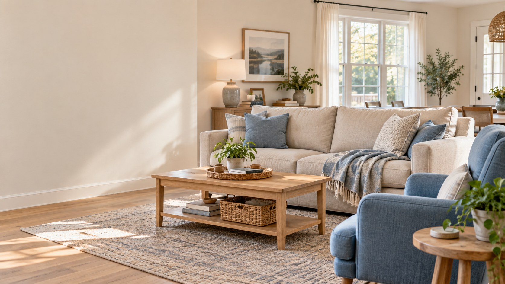 A bright, tidy living room with a linen sofa and blue armchair; illustrative image, not a client's home.
