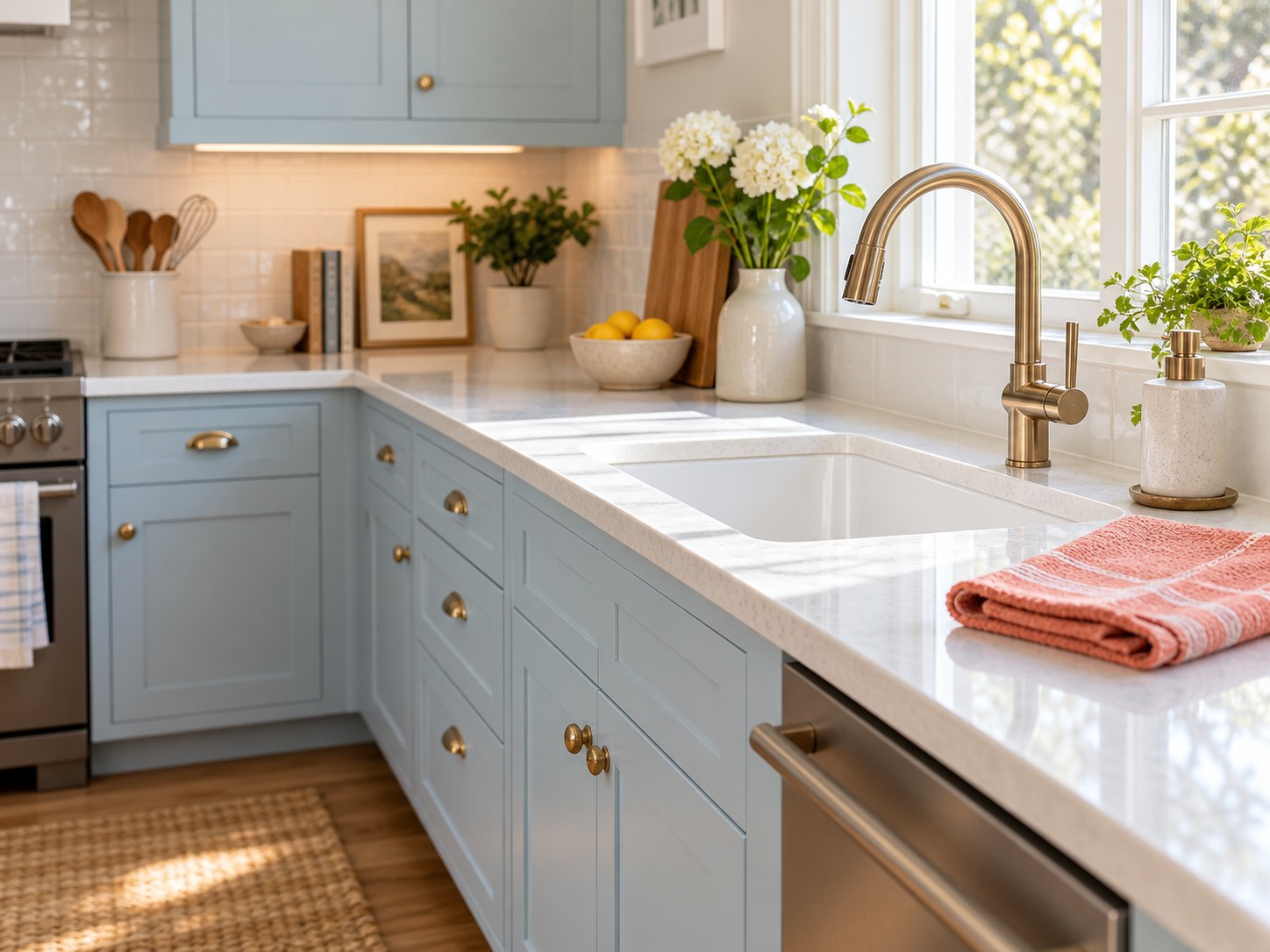 A sunny kitchen with pale blue cabinets and clear countertops; illustrative image.